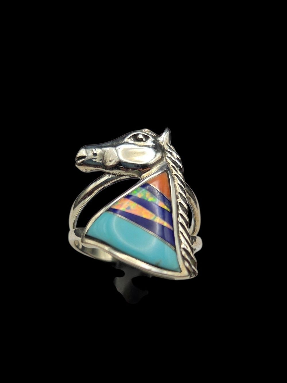 Sterling Silver Horse Head Inlay Ring Turquoise Opal 10